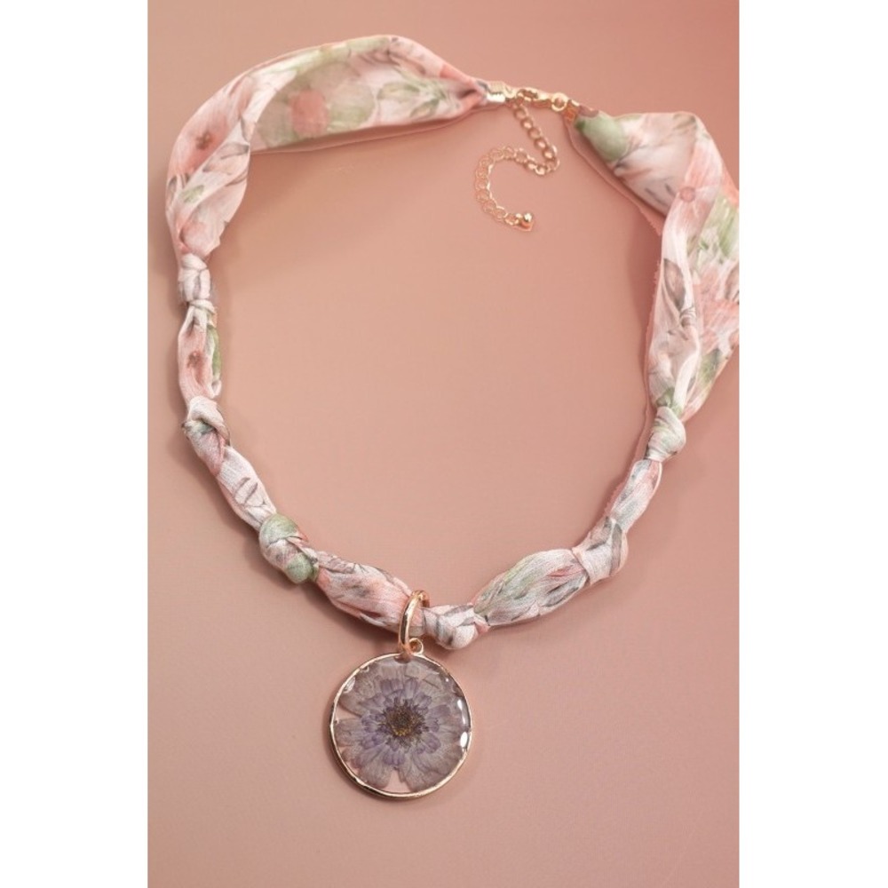 Pink Floral Chiffon Ribbon Cord Necklace Pressed Purple Flower Pendant Gold Tone